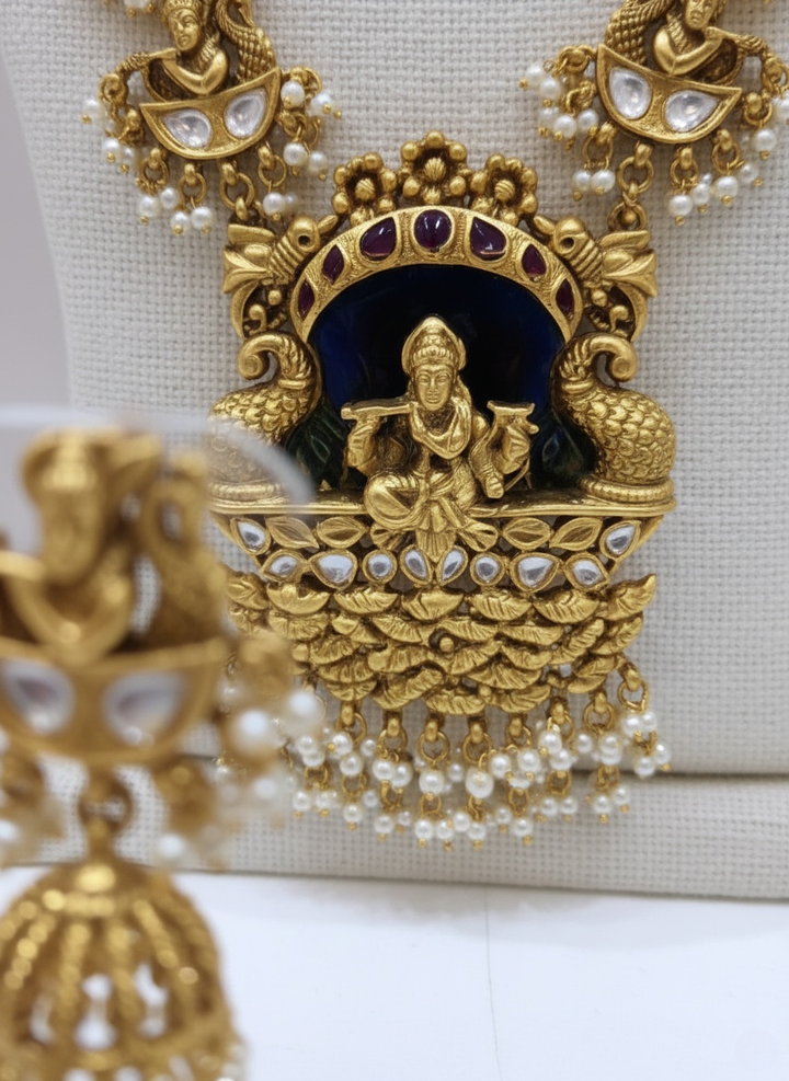 Krishna Temple Necklace Antique with Kundan Detailing & Jhumka Earrings