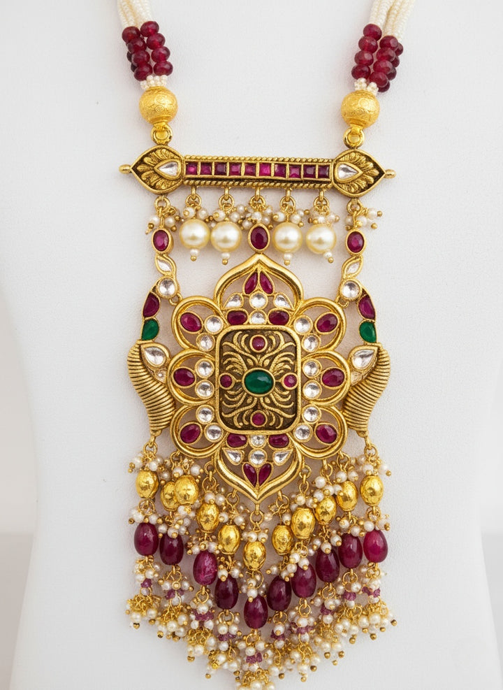 Majestic Kundan Temple Necklace Set with Ruby & Emerald Detailing
