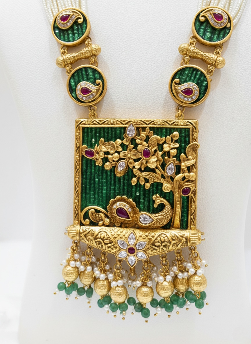 Peacock Motif Haram with Green Enamel & Pearl Embellishments