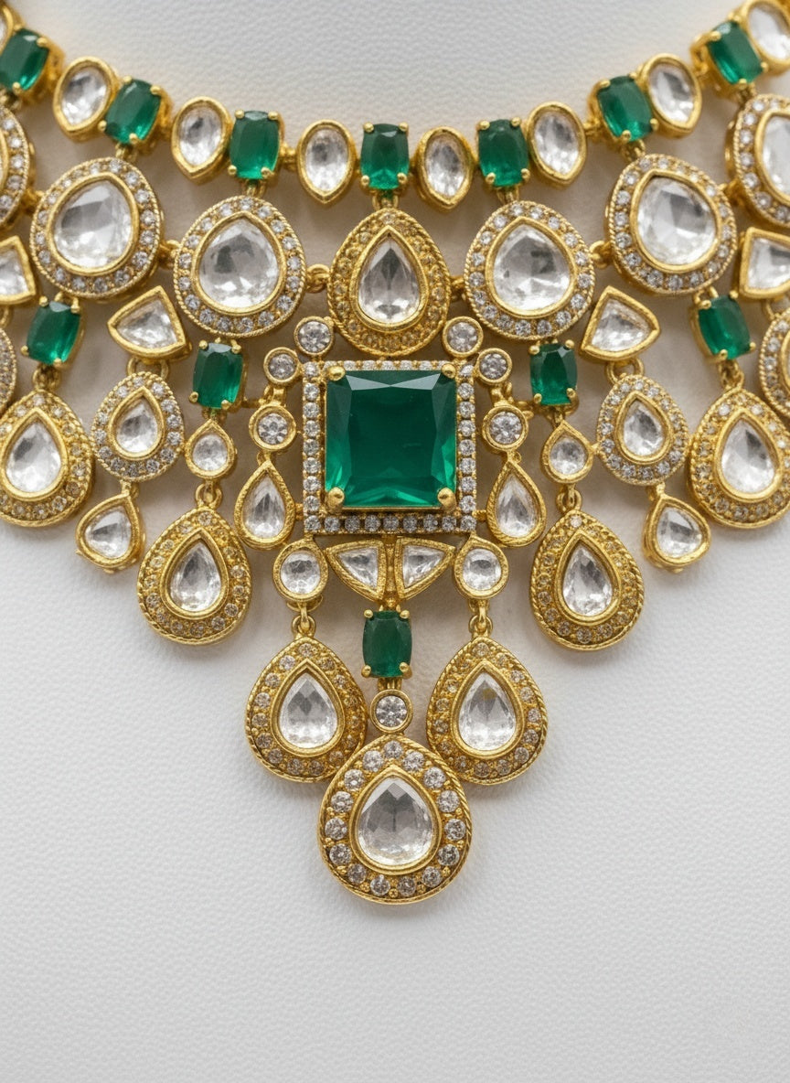 Emerald Green & Gold Heavy Kundan Bridal Necklace Set with Statement Earrings