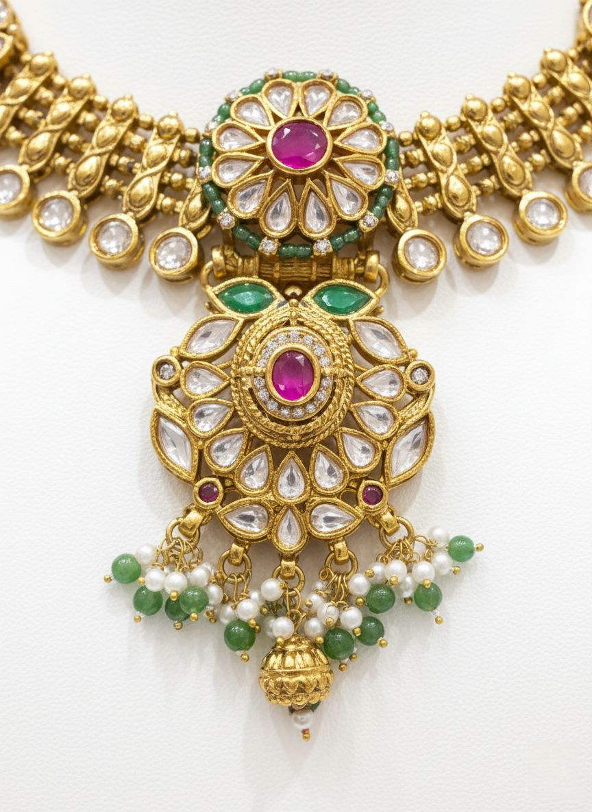 Traditional Kundan Choker Necklace Set with Ruby & Emerald Accents
