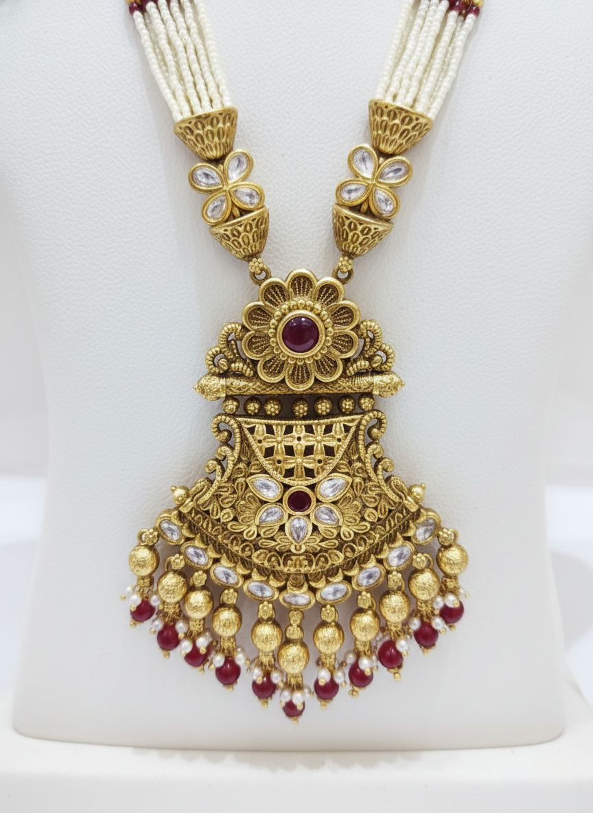 Classic Kundan & Pearl Temple Necklace Set with Ruby Droplets
