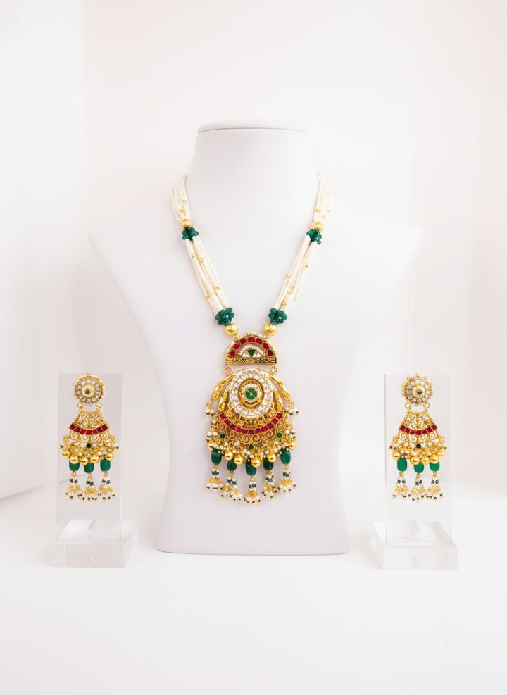 Imperial Emerald & Pearl Layered Necklace Set with Kundan Temple Pendant