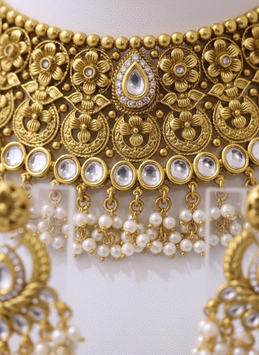 Antique Gold Kundan & Pearl Bridal Choker Necklace Set