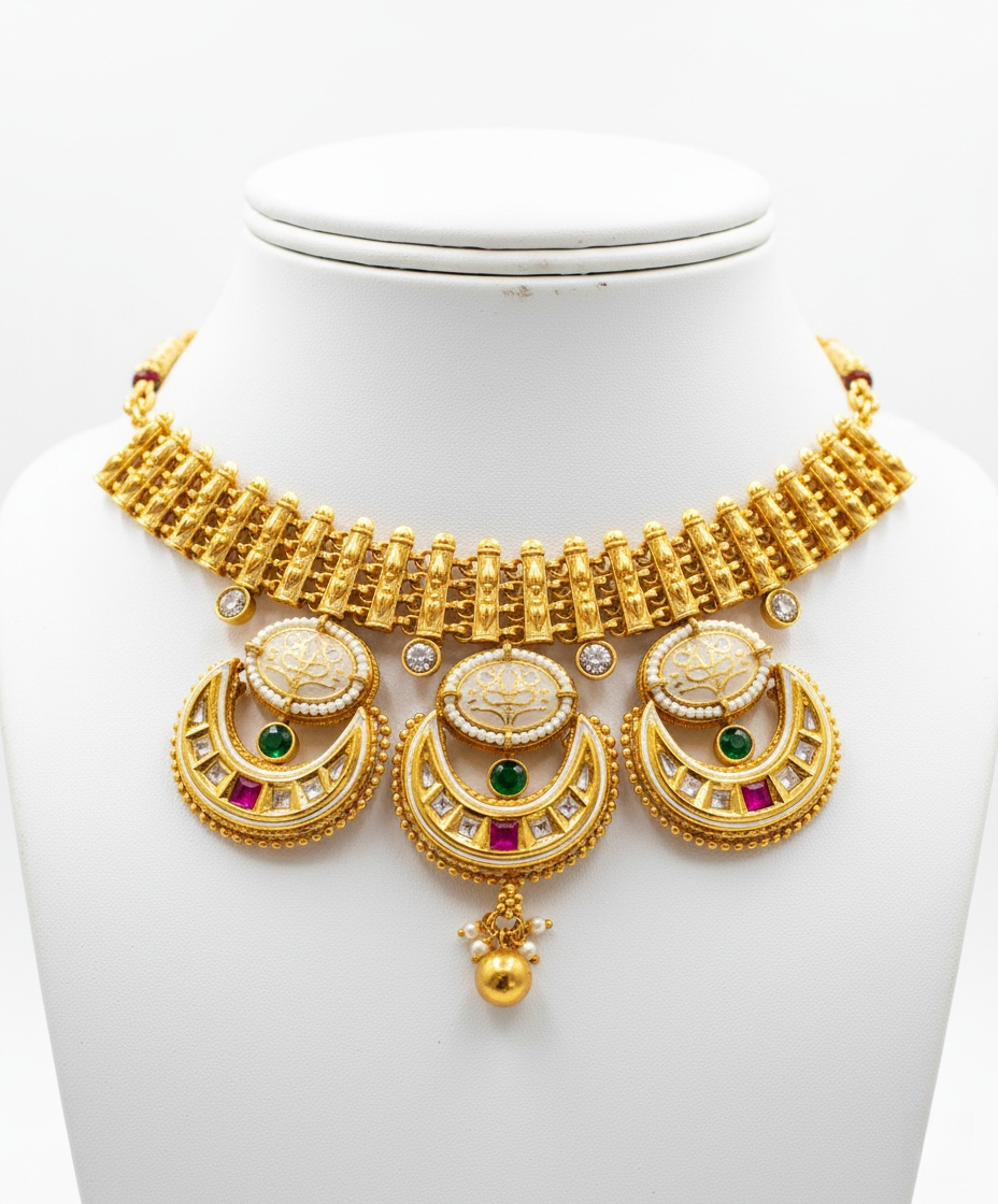 Traditional Kundan Choker Necklace Set with Ruby & Emerald Accents