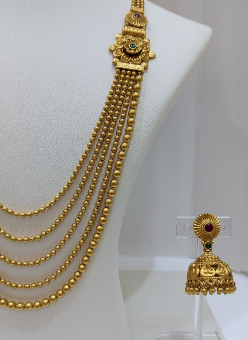 Traditional Gold Beaded Haram with Layered Chains & Jhumka Earrings