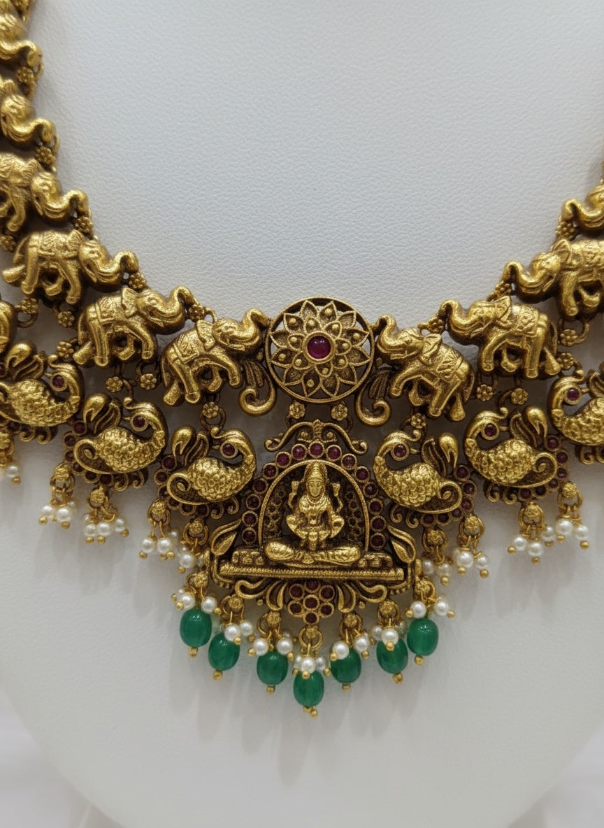 Temple Jewelry Set with Lakshmi, Elephant, and Peacock Motifs