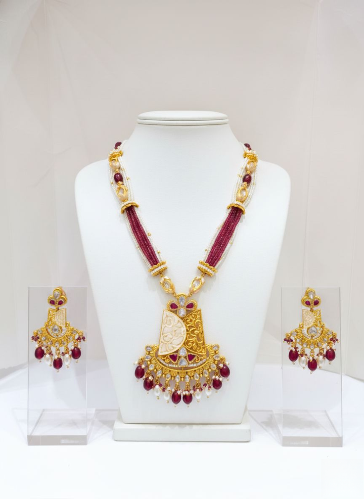 Regal Gold Temple Necklace Set with Ruby Beads & Kundan Detailing