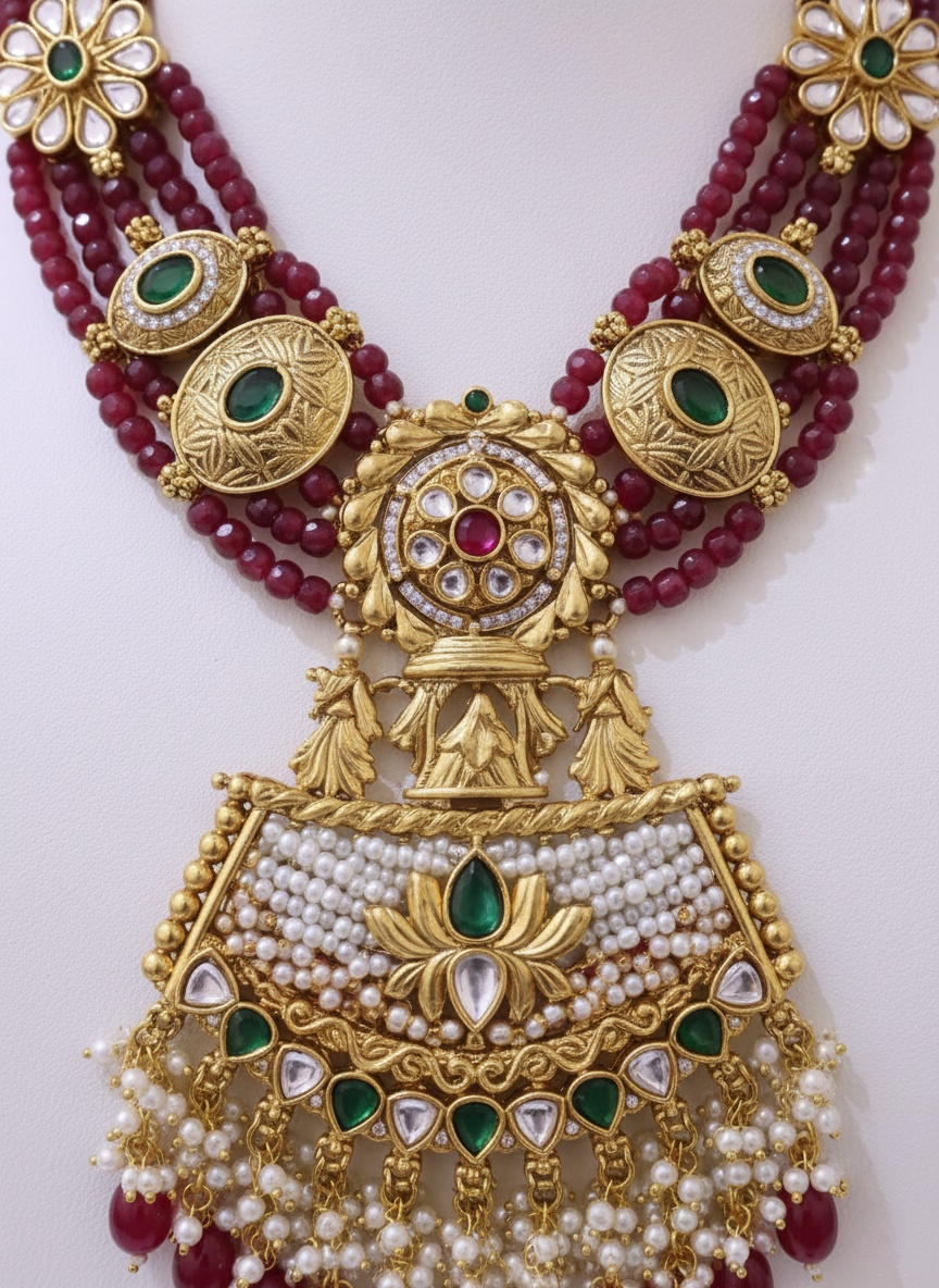 Royal Temple Necklace Set with Ruby Beads & Kundan Embellishments