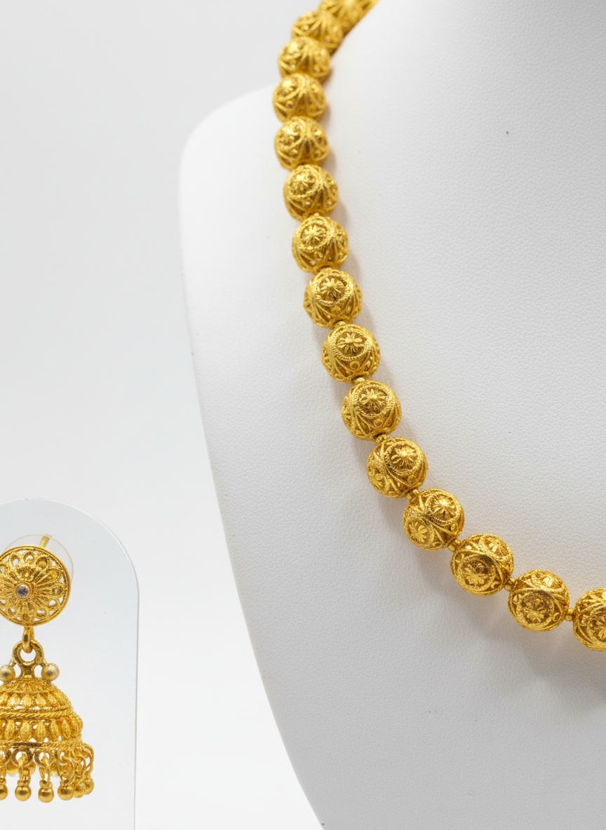 Traditional Matte Gold Beaded Necklace Set with Jhumka Earrings
