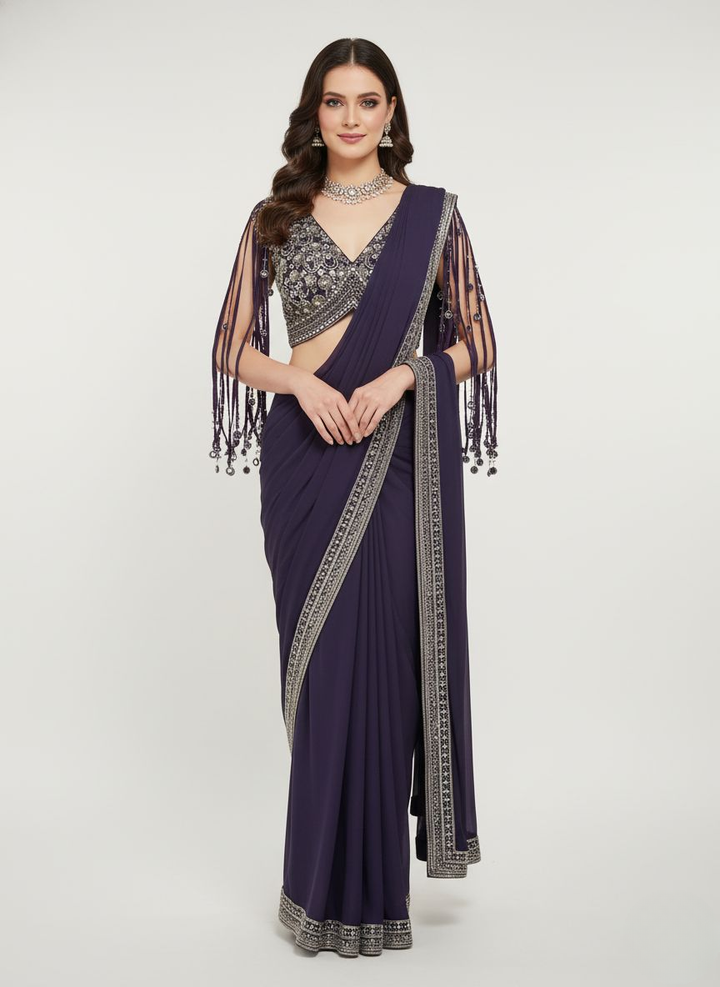 Elegant Navy Blue Designer Saree with Embellished Blouse & Tassel Sleeves