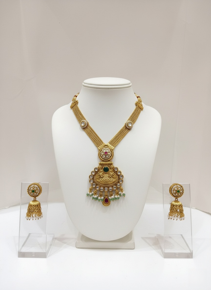 Antique Gold Temple Necklace Set with Ruby, Emerald & Pearl Detailing