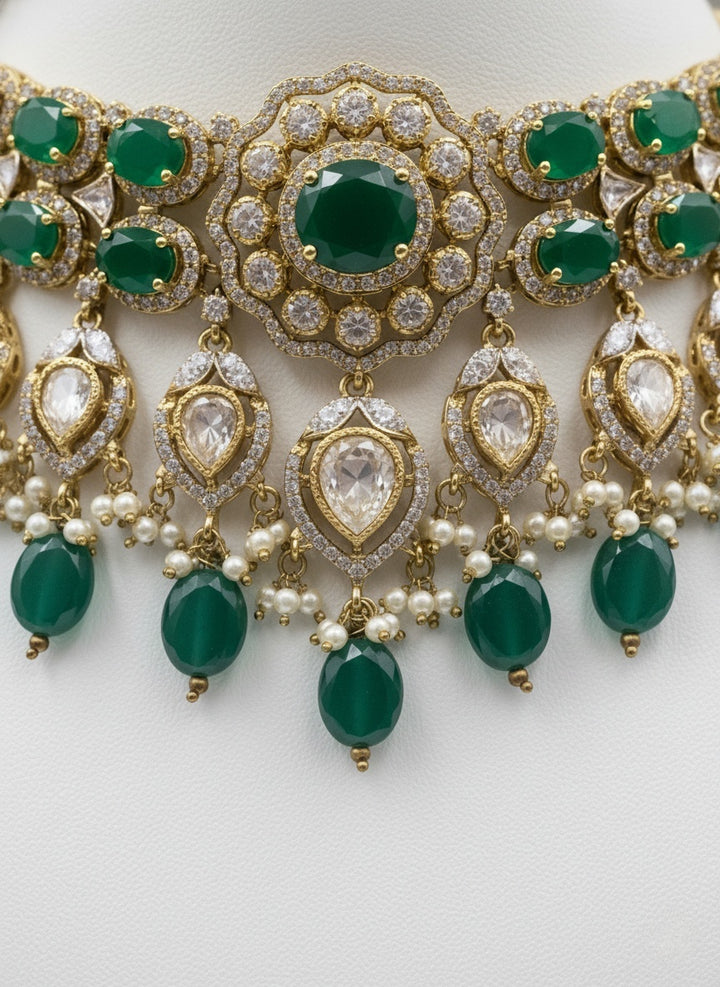 Emerald Green & Gold Kundan Bridal Choker Necklace Set with Heavy Earrings