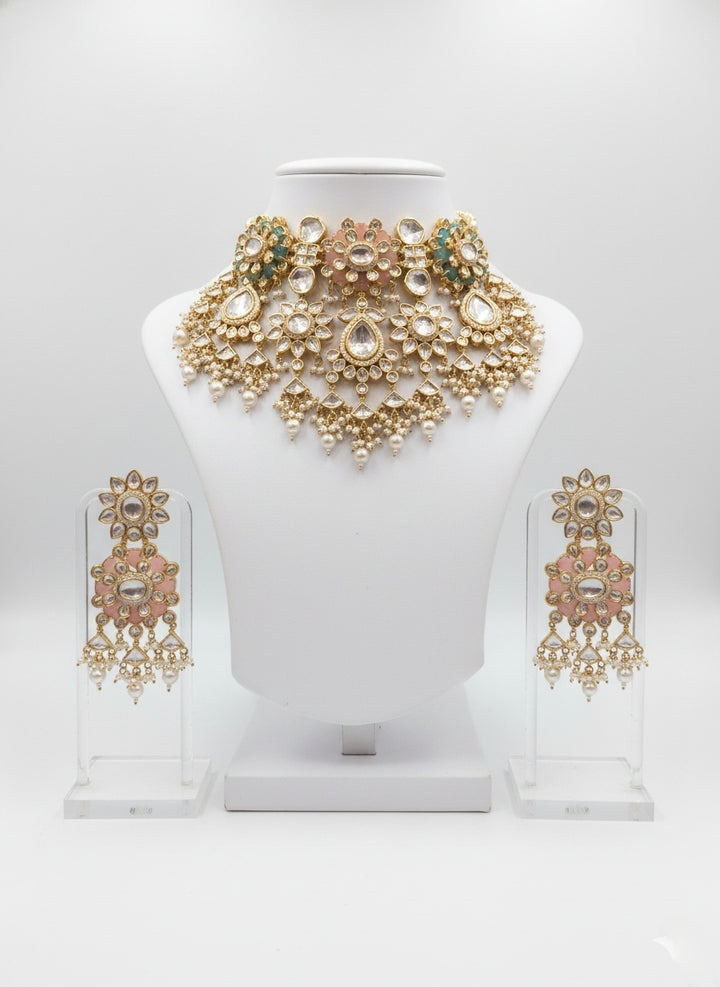 Pastel Pink & Green Heavy Kundan Bridal Choker Necklace Set with Pearl Drops