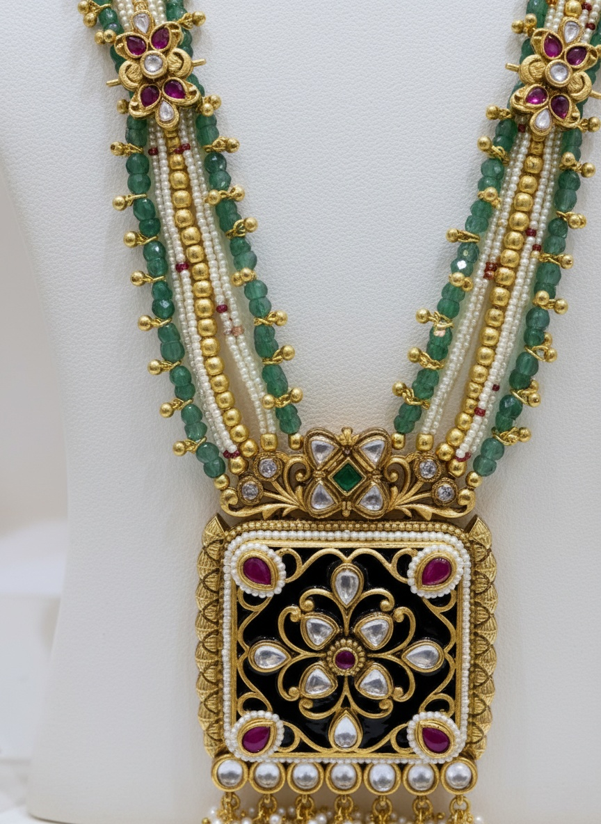 Grand Kundan Temple Necklace with Emerald Bead Strands & Square Floral Pendant