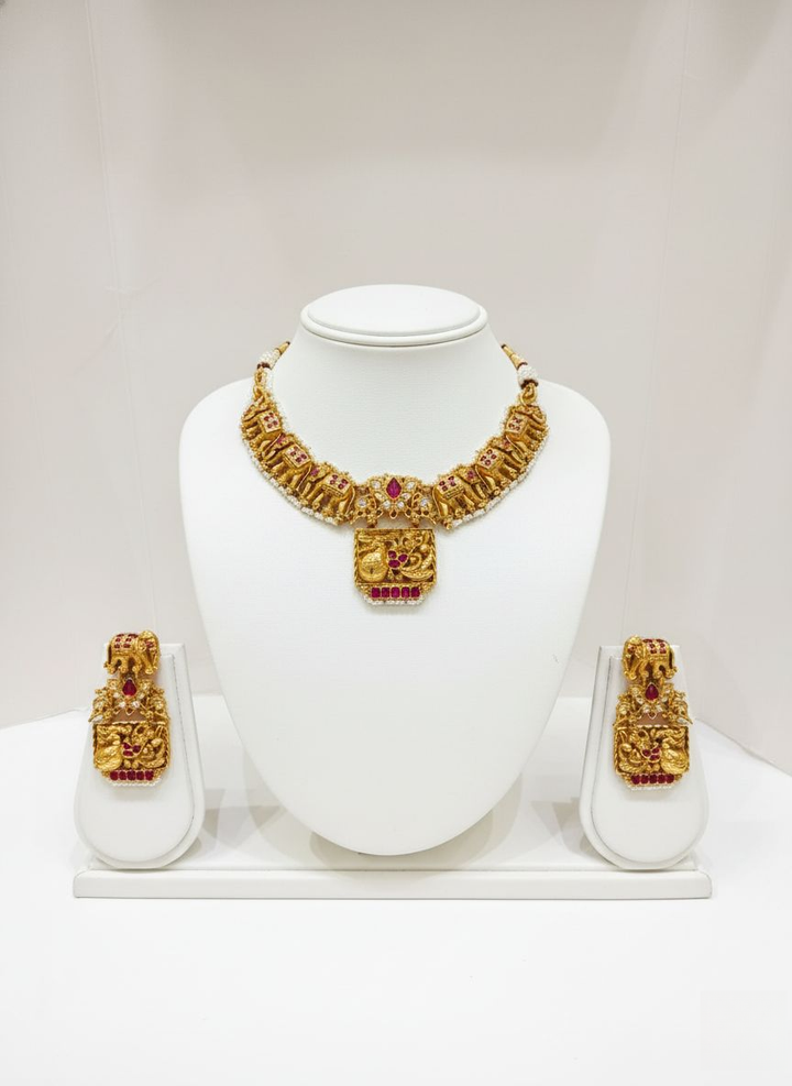 Antique Temple Gold Necklace Set with Lakshmi & Elephant Motifs
