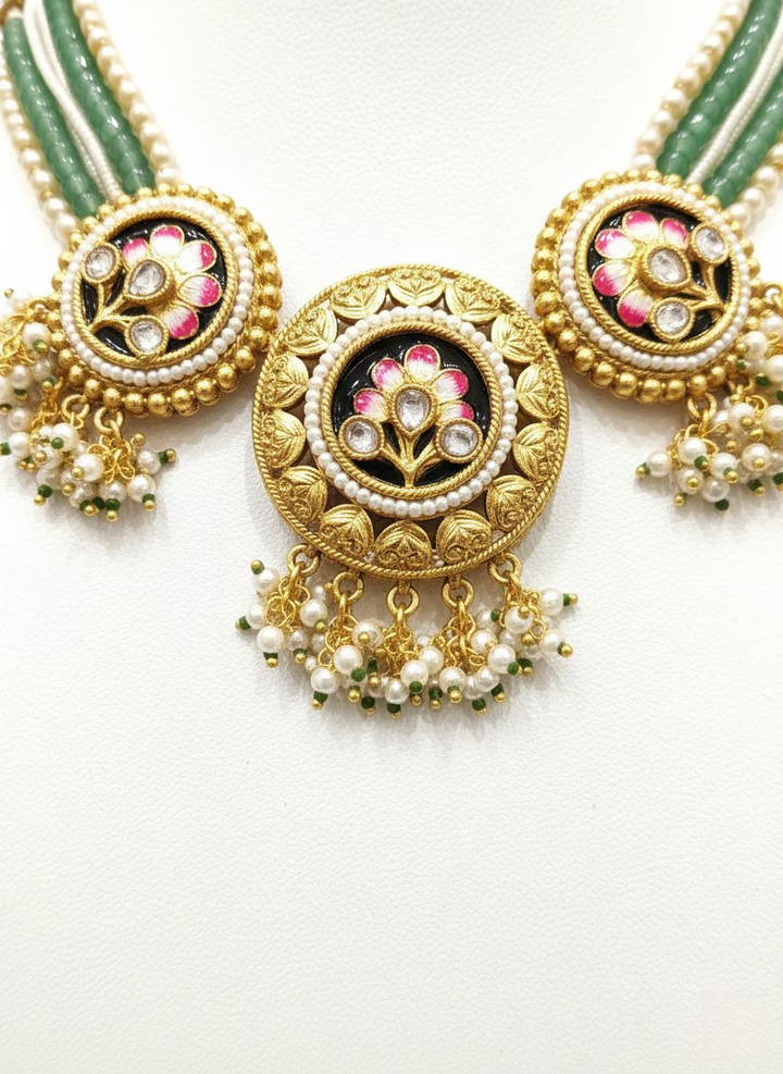 Elegant Meenakari Necklace Set with Green Bead Strands & Floral Kundan Detailing