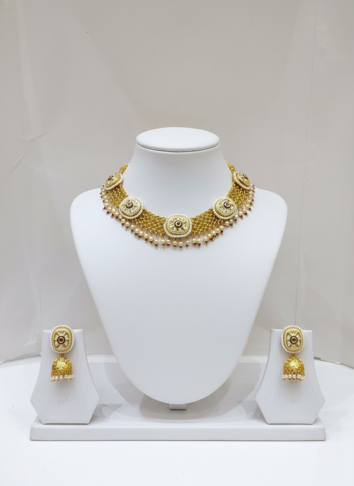 Antique Gold & Pearl Kundan Choker Set with Jhumka Earrings