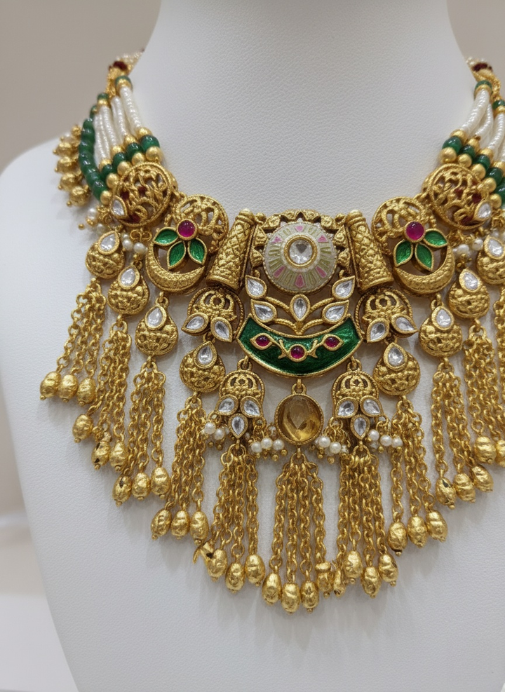 Antique Gold Kundan Temple Bridal Necklace Set with Pearl & Chain Drops