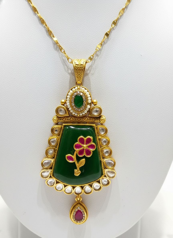 Gold-Plated Green Enamel Kundan Necklace Set with Ruby Drops