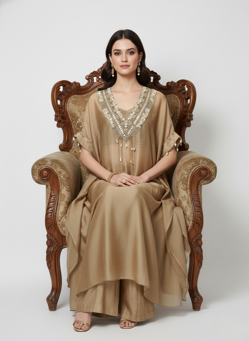 Golden Beige Embellished Kaftan Kurta with Palazzo Pants – Indo-Western Festive Set