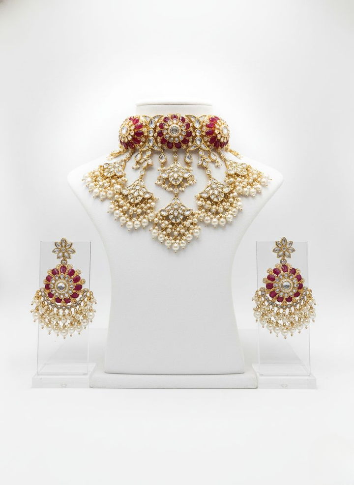 Ruby Red Kundan Bridal Choker Necklace Set with Pearl Drops & Matching Earrings