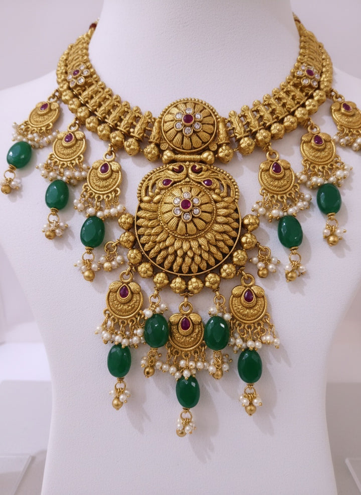 Antique Temple Necklace Set with Green Beads & Ruby Detailing