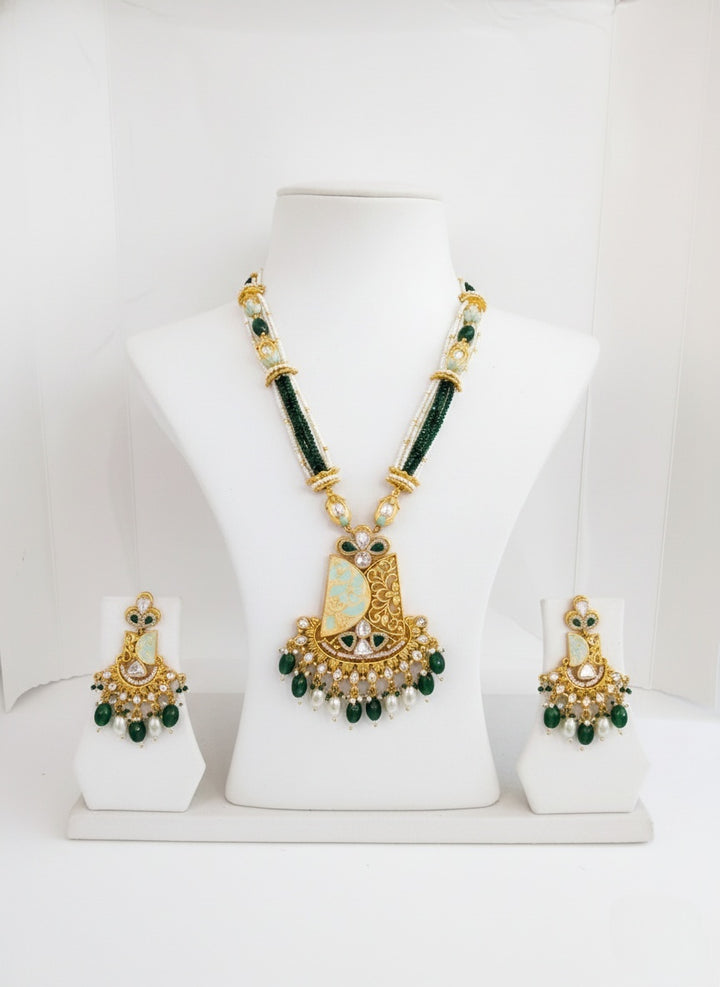 Antique Gold Meenakari Temple Necklace Set with Green Beads & Pearls