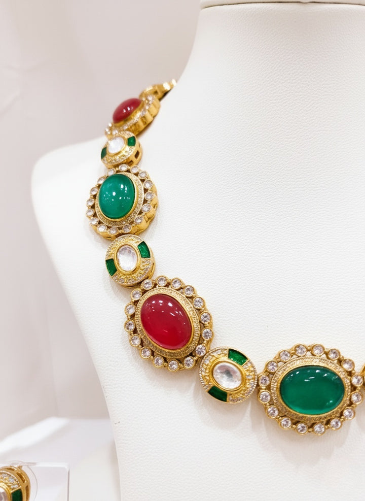 Ruby & Emerald Kundan Polki Necklace Set with Pearl Detailing