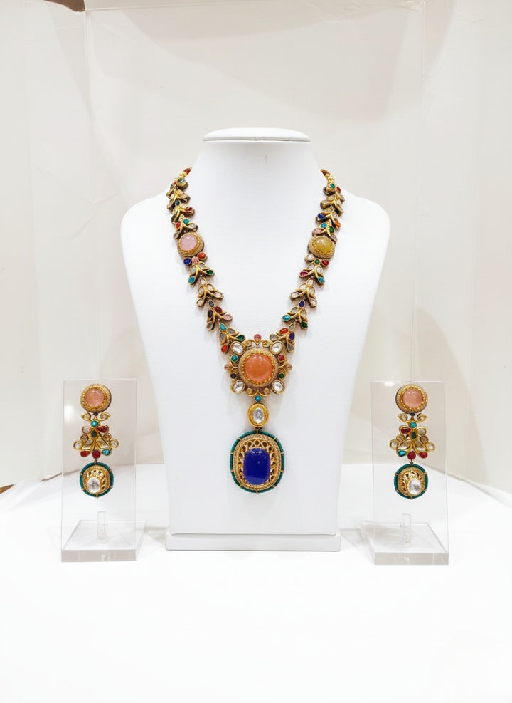 Royal Blue & Multicolor Kundan Necklace Set with Polki and Meenakari Detailing