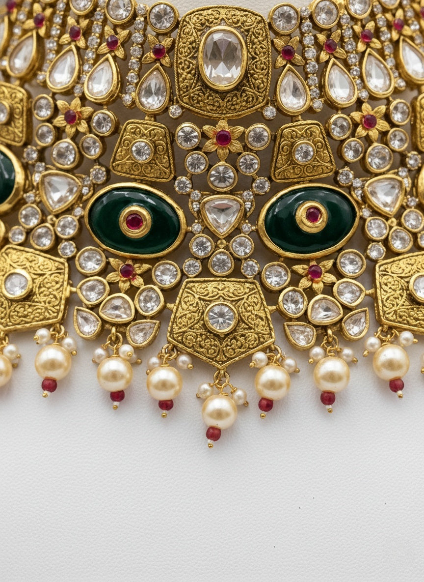 Gold & Green Heavy Bridal Kundan Choker Necklace Set with Pearls & Red Droplets