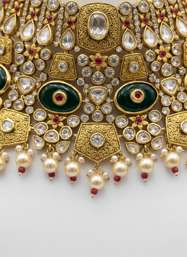 Gold & Green Heavy Bridal Kundan Choker Necklace Set with Pearls & Red Droplets