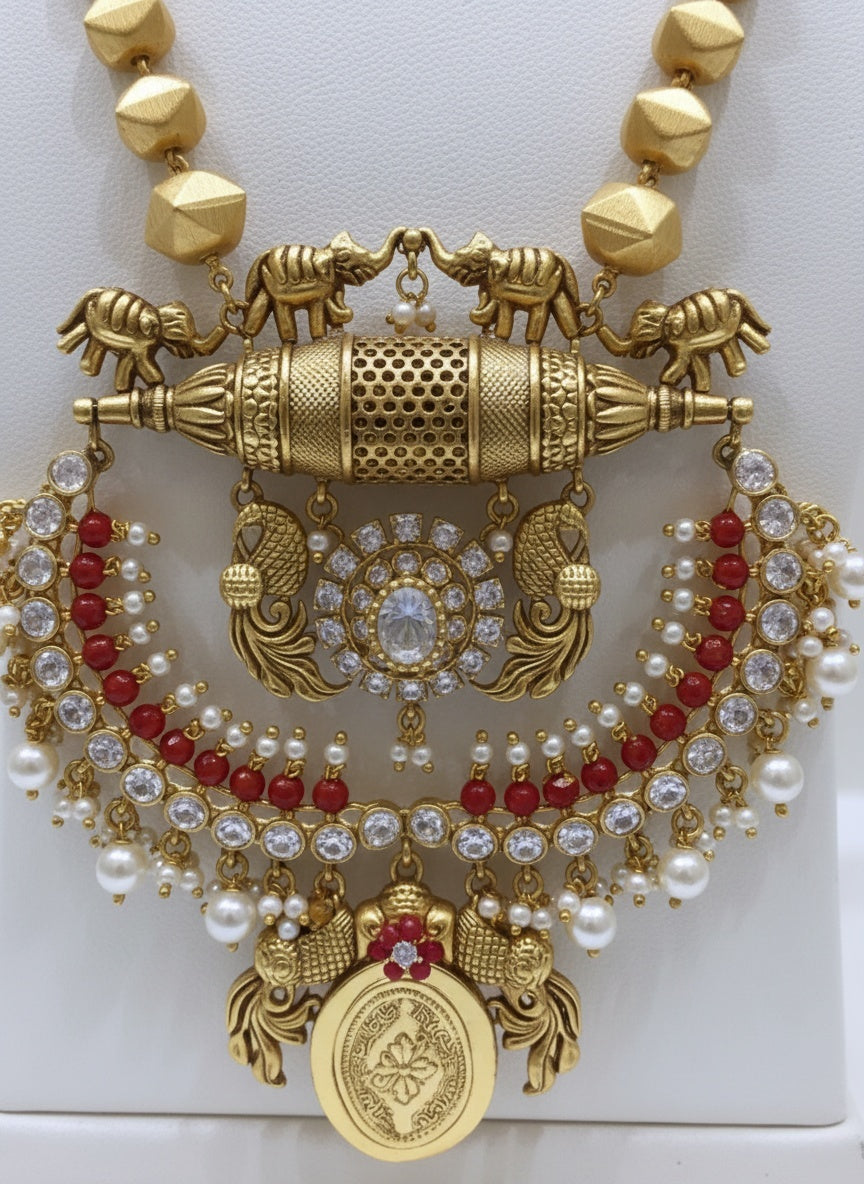 Grand Temple Jewellery Haram with Elephant Motifs & Pearl Embellished Pendant