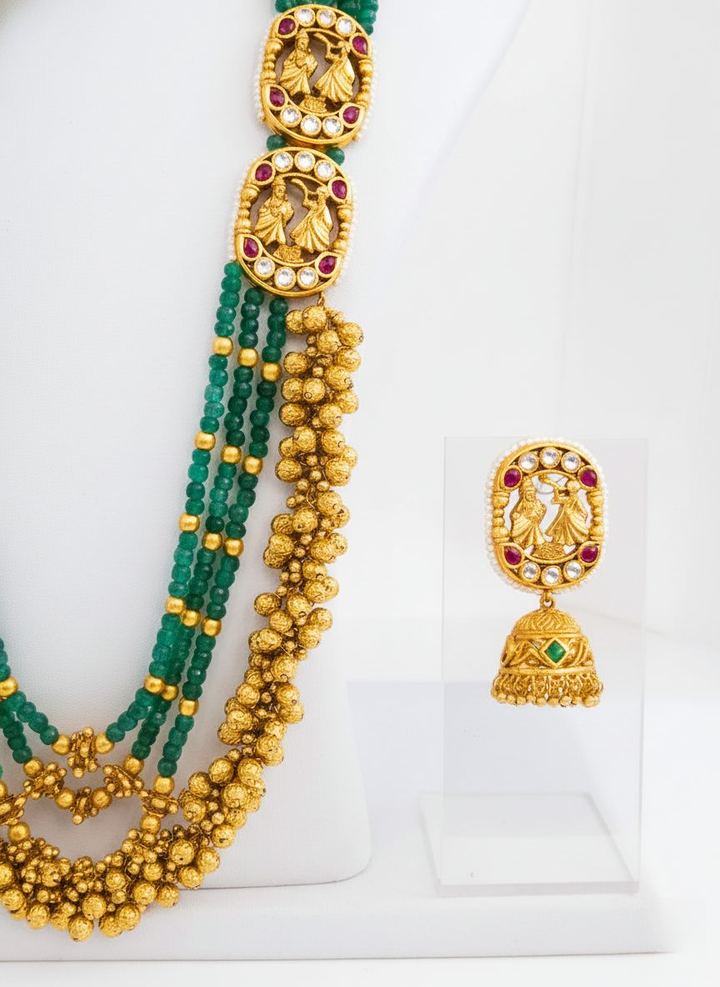 Antique Gold Peacock Kundan Necklace Set with Green Beads