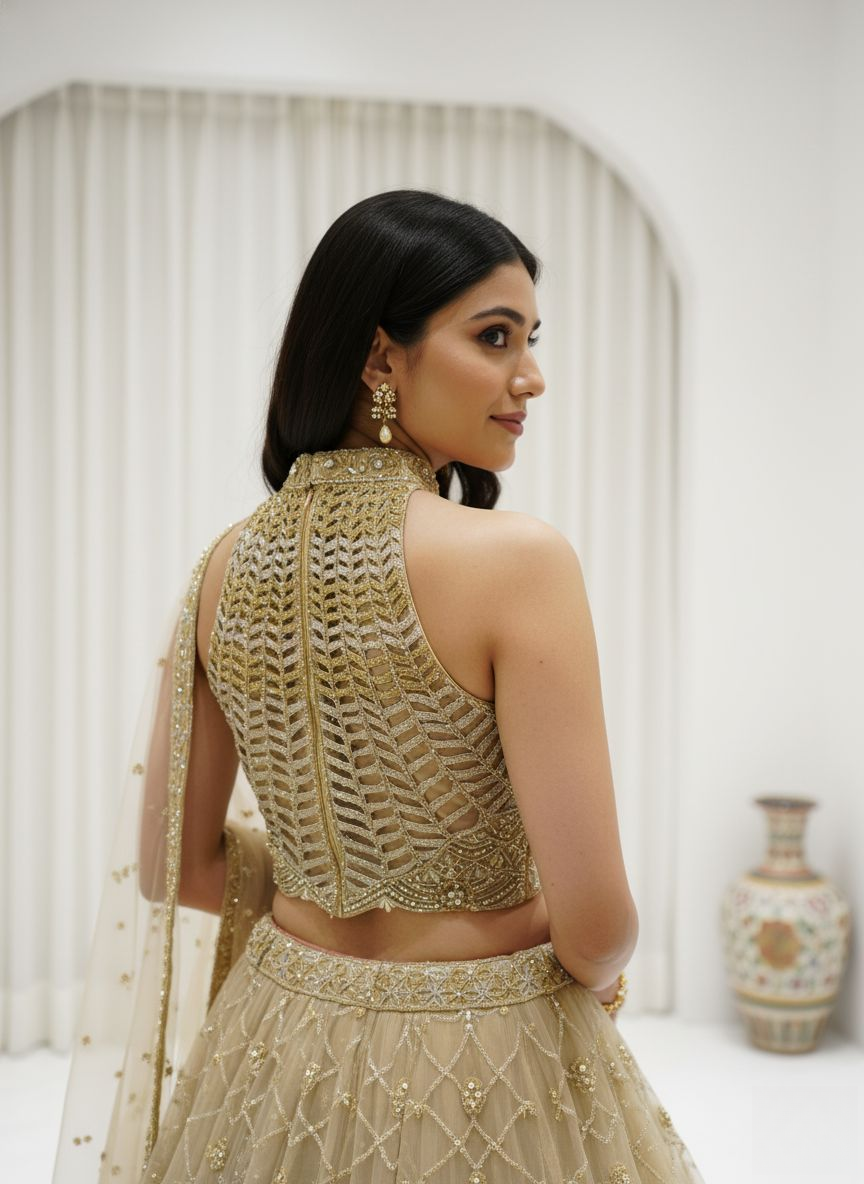 Champagne Gold Embroidered Net Lehenga Set with Cape Dupatta