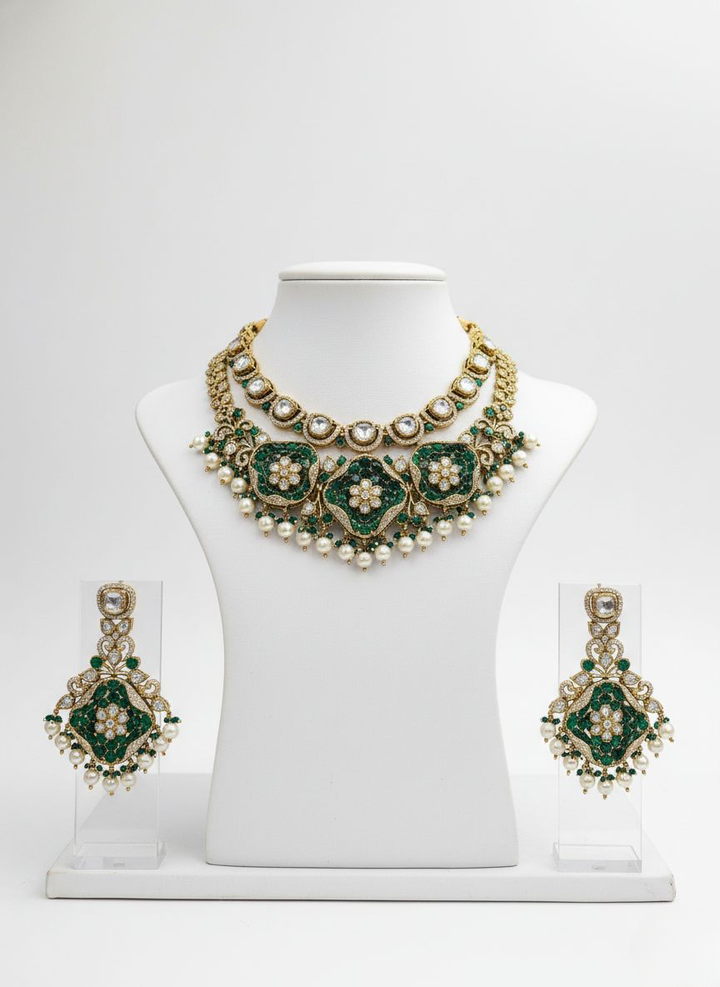 Emerald Green & Pearl Kundan Bridal Necklace Set with Heavy Statement Earrings