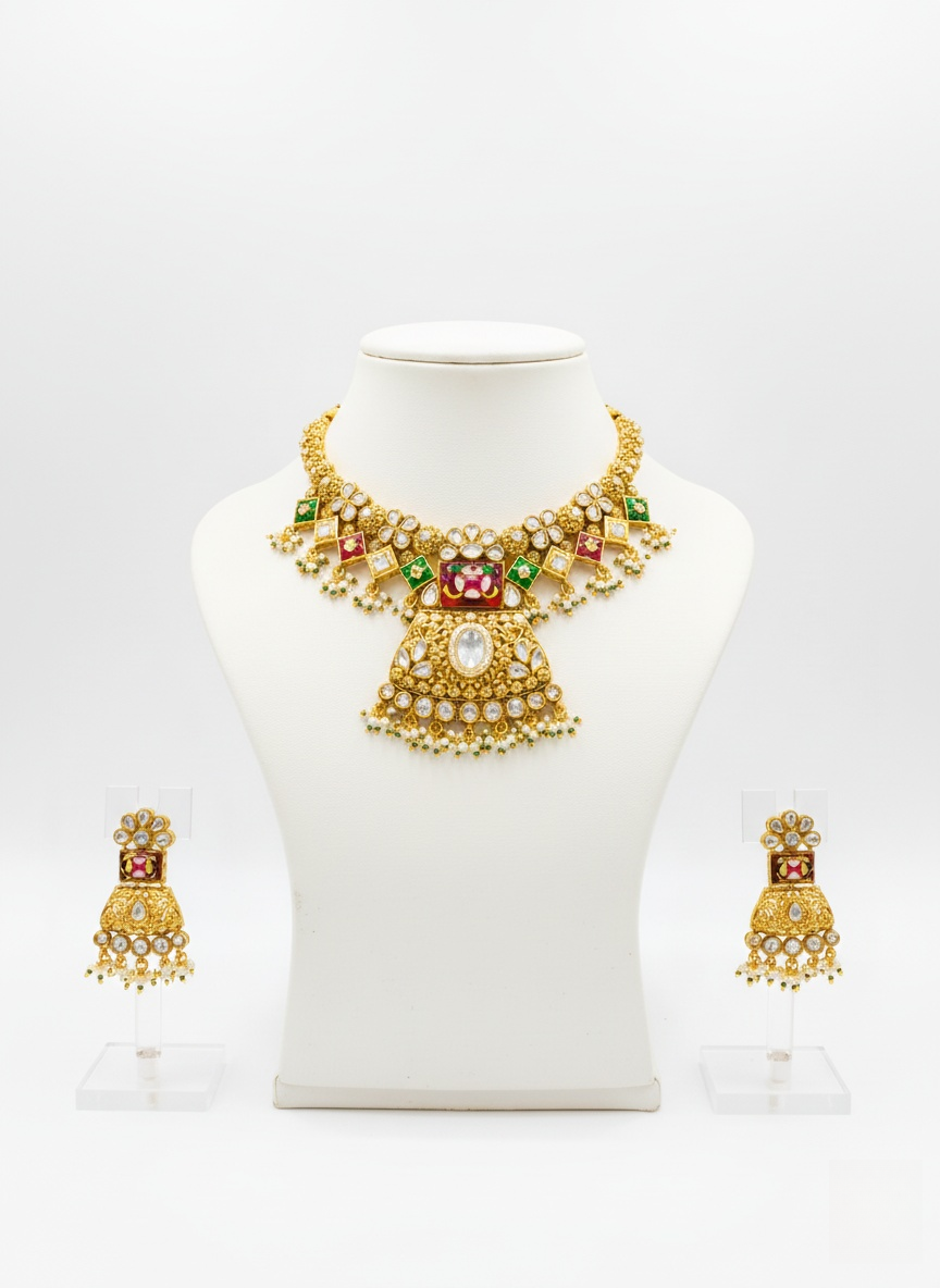 Grand Kundan Bridal Necklace Set with Ruby & Emerald Detailing