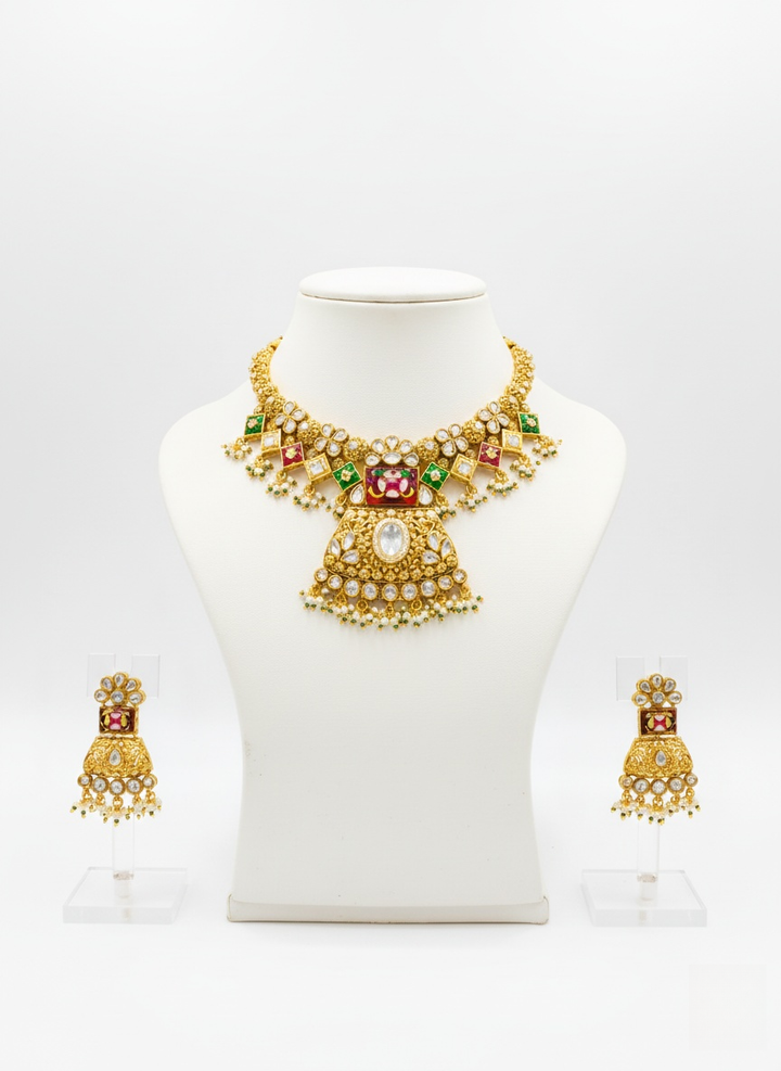 Grand Kundan Bridal Necklace Set with Ruby & Emerald Detailing