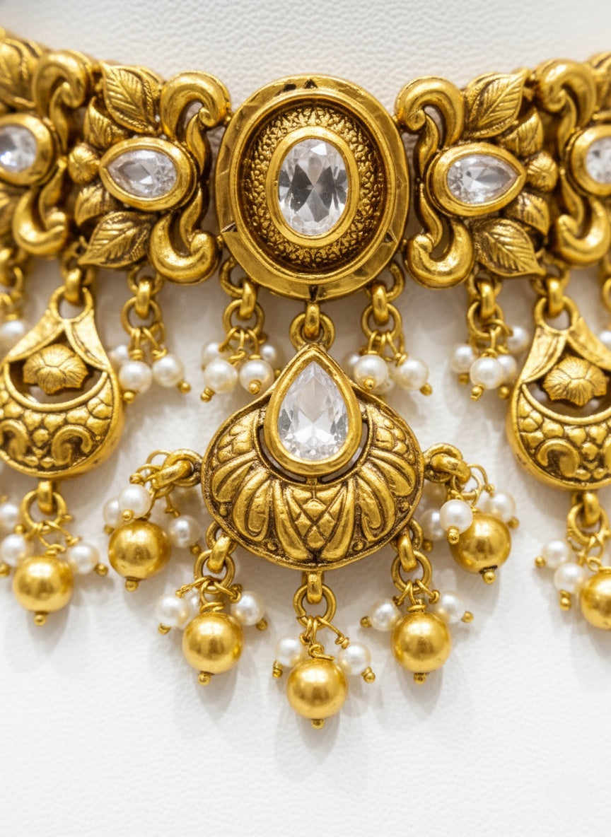 Royal Kundan Choker Necklace Set with Pearls & Antique Gold Finish