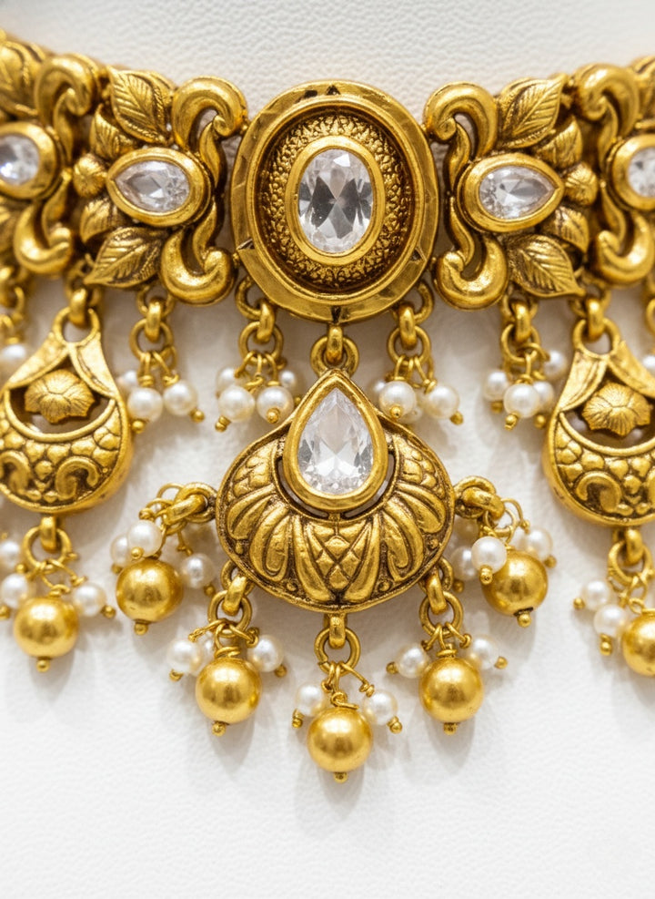 Royal Kundan Choker Necklace Set with Pearls & Antique Gold Finish
