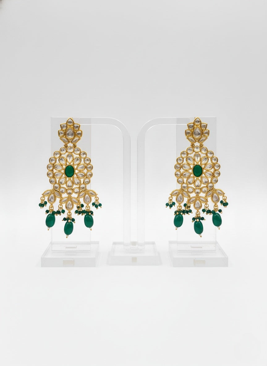 Emerald Green & Gold Heavy Kundan Floral Bridal Necklace Set with Statement Earrings
