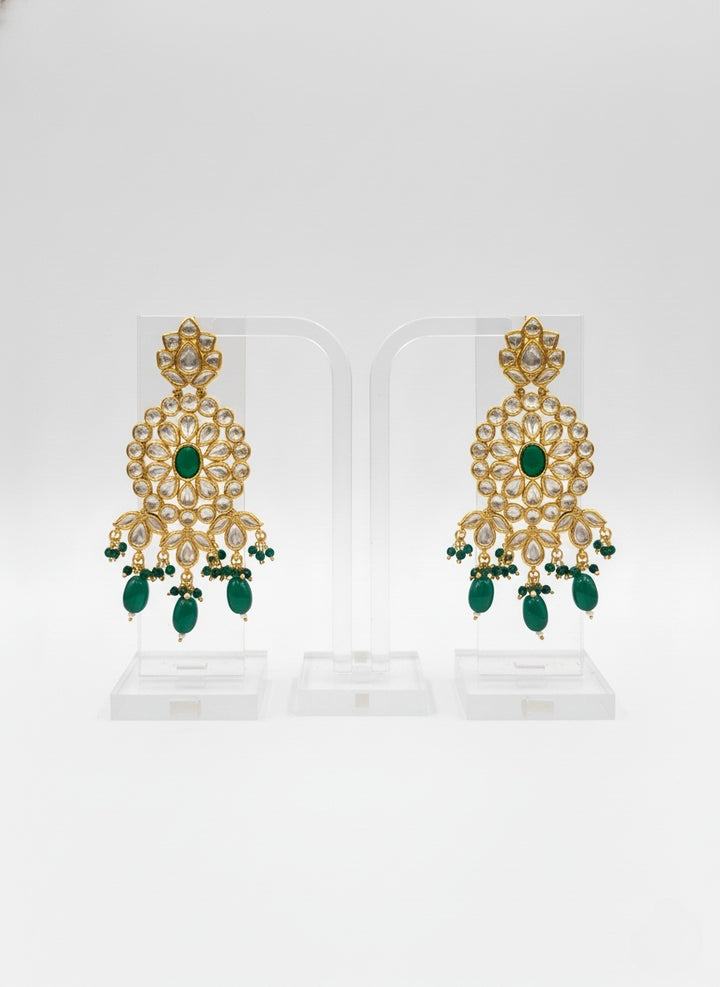 Emerald Green & Gold Heavy Kundan Floral Bridal Necklace Set with Statement Earrings