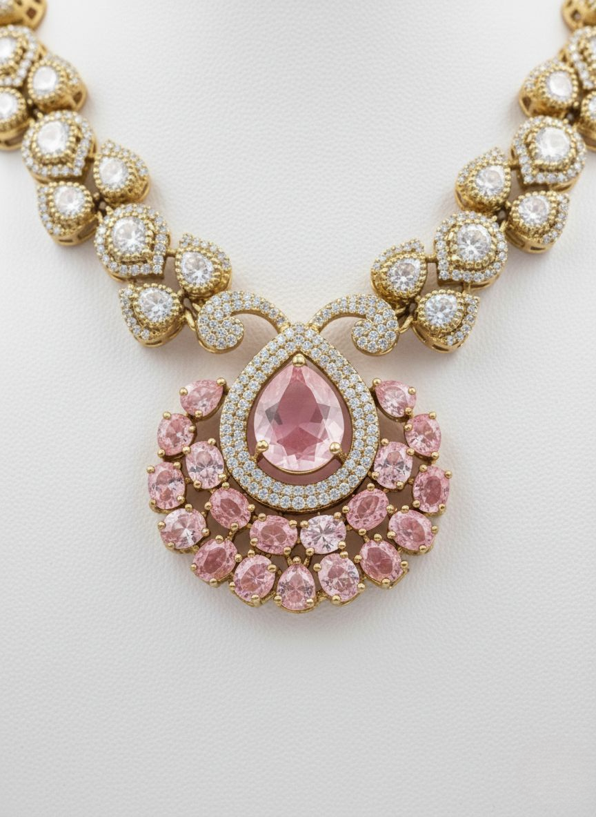 Blush Pink Stone & Gold Kundan Necklace Set with Statement Earrings