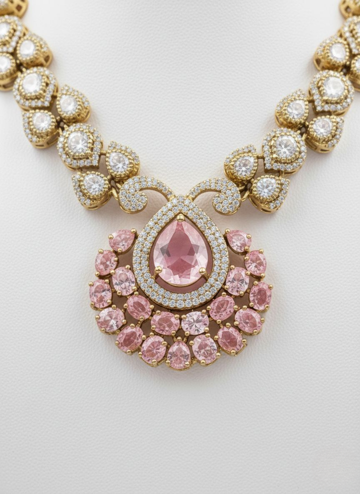 Blush Pink Stone & Gold Kundan Necklace Set with Statement Earrings