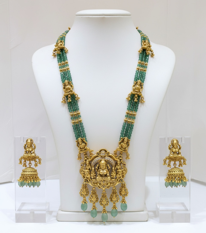 Traditional Temple Jewelry Set with Lakshmi Pendant and Green Beads