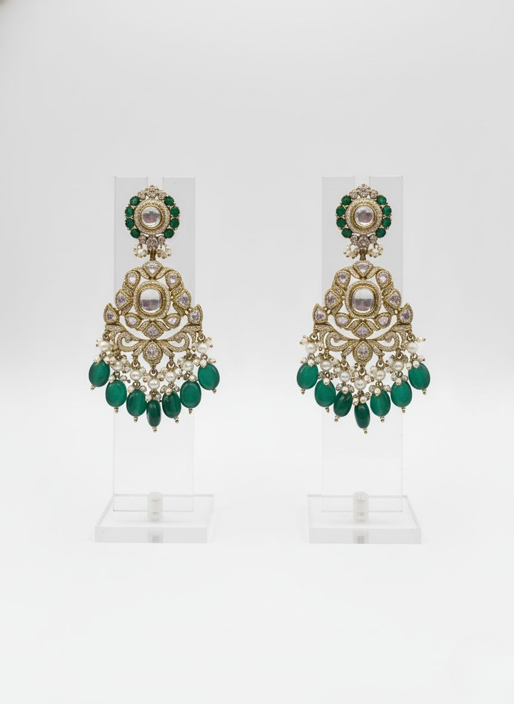 Emerald Green & Kundan Heavy Bridal Necklace Set with Chandbali Earrings