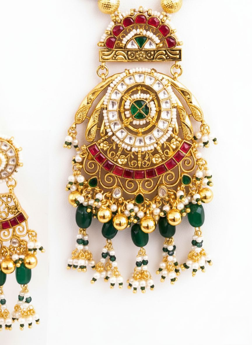 Imperial Emerald & Pearl Layered Necklace Set with Kundan Temple Pendant