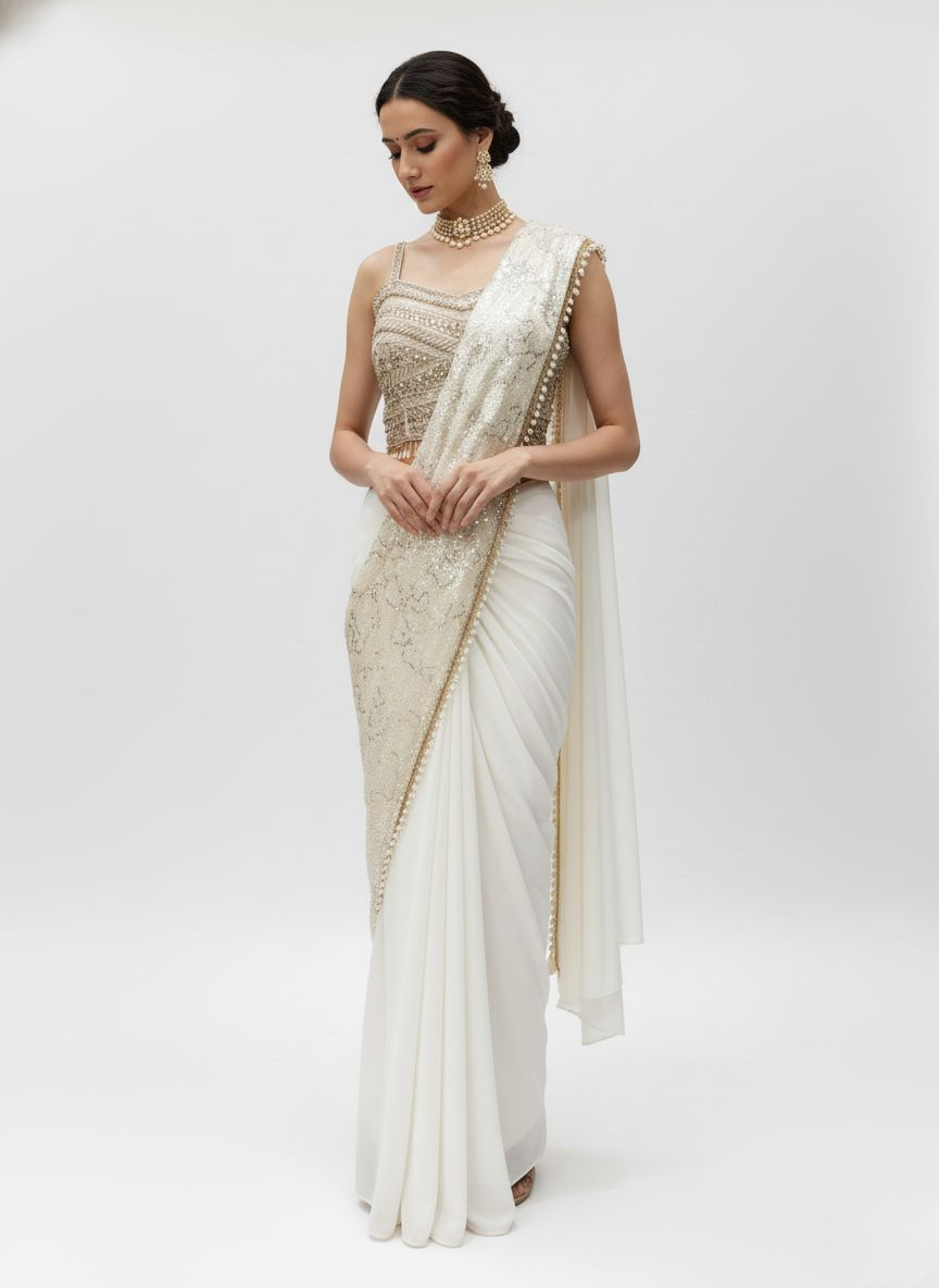 Ivory White Sequin Embellished Designer Ready to Wear Saree with Heavy Handwork Blouse