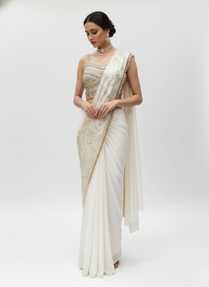 Ivory White Sequin Embellished Designer Ready to Wear Saree with Heavy Handwork Blouse