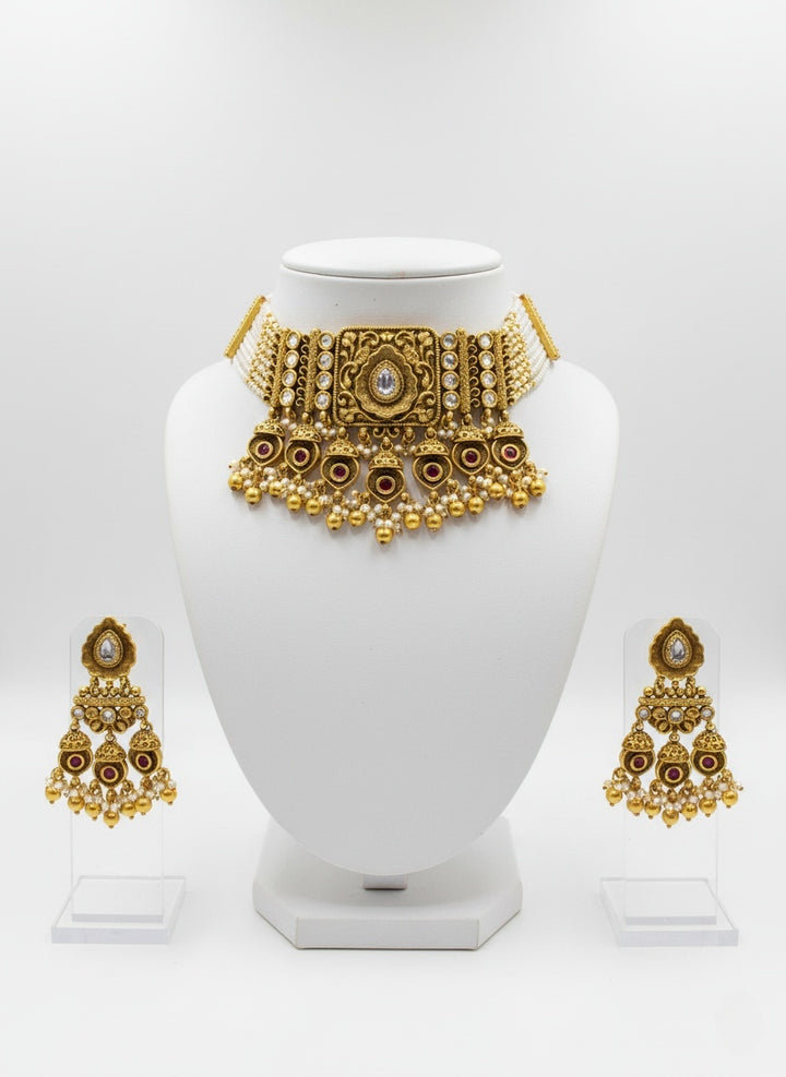 Royal Antique Gold Temple Choker Set with Pearls & Ruby Detailing